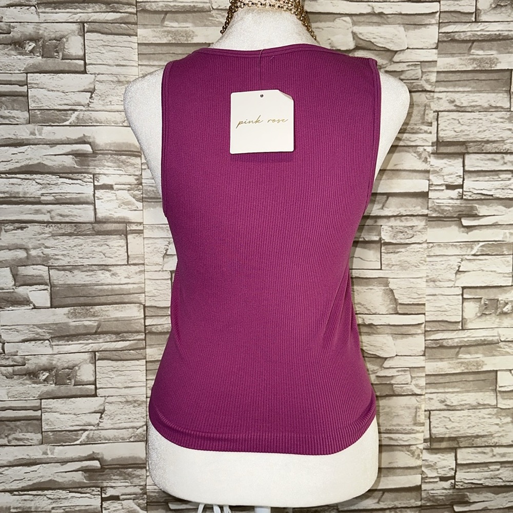PINK ROSE Ribbed V Neck Jammin Razz Tank Top. - Picture 3 of 7